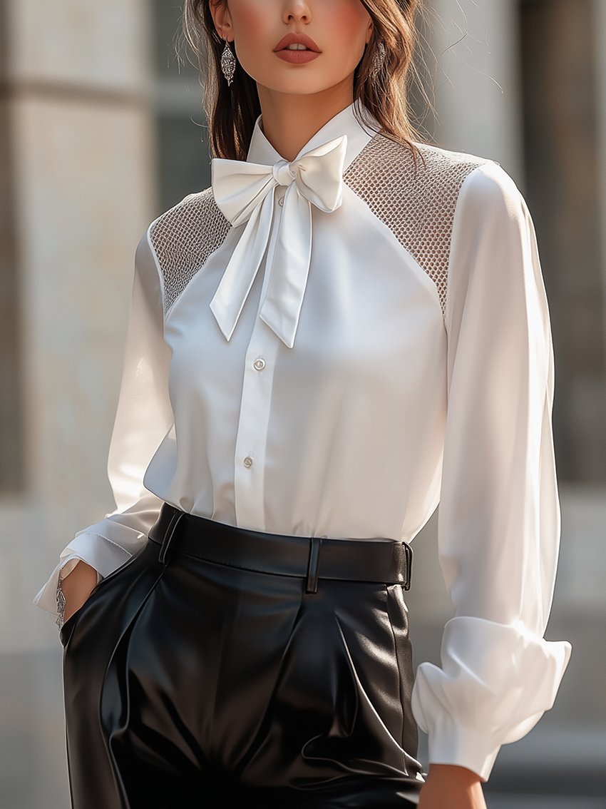 White Satin Blouse With Mesh Stitching And Bow Tie