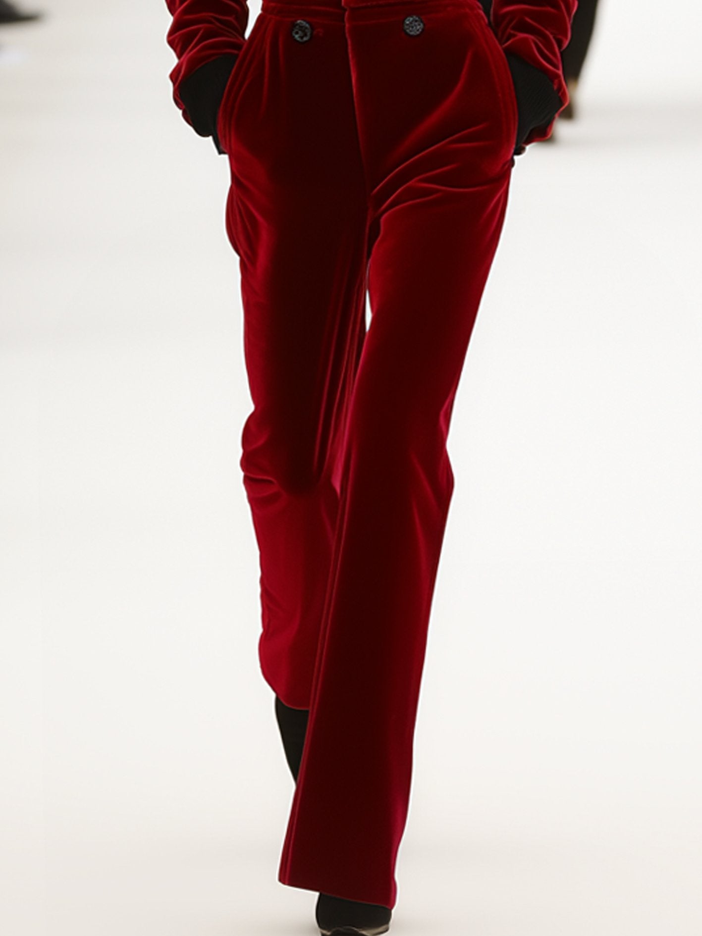 Red Velvet Jumpsuit With Black Collar And Buttons