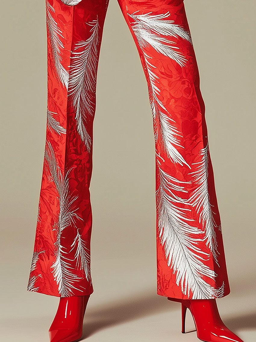 Red Satin Pants With Silver Feather Print