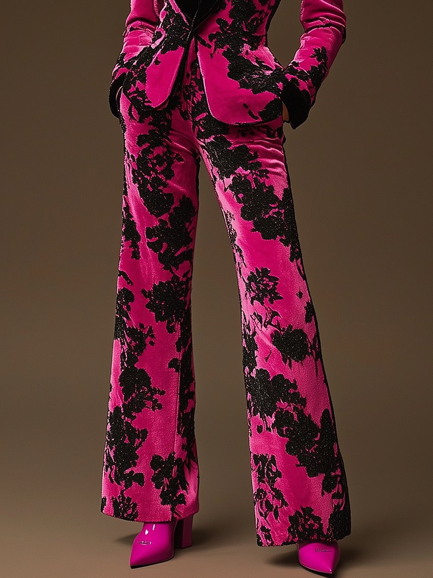 Barbie Pink Velvet Pants With Black Collar Black Flower Print