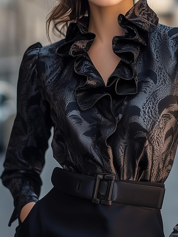 Black Snake-Print Satin Blouse With Pleated Collar