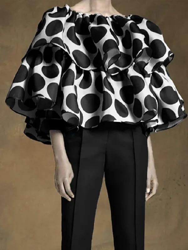 Loose Tiered Falbala Polka Dot Blouses&Shirts Tops