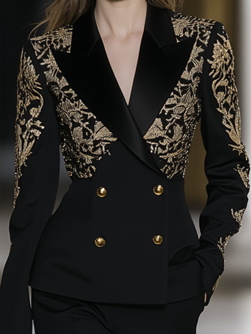 Black Blazer With Gold Lace Print