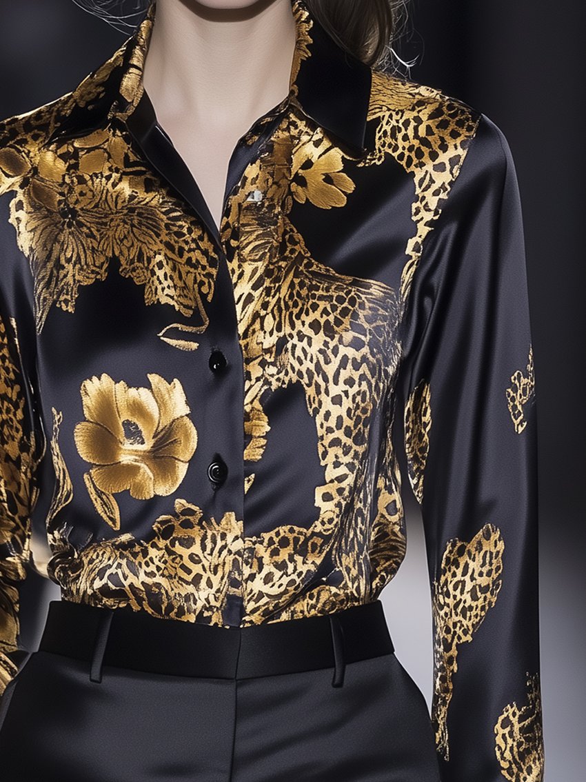 Black Satin Blouse With Gold Leopard Floral Print