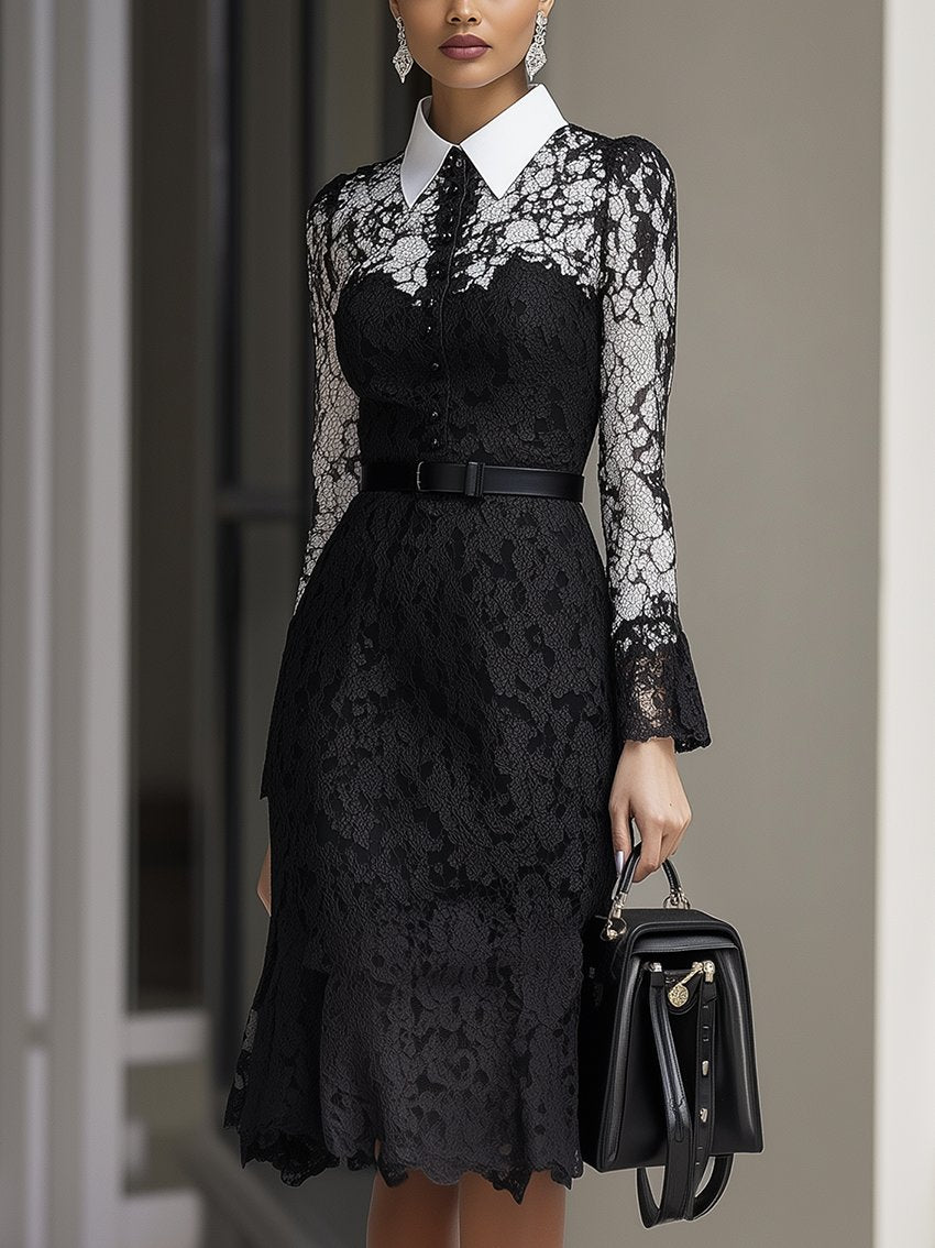 Black Midi Shirt Dress With Lace Decoration And Belt