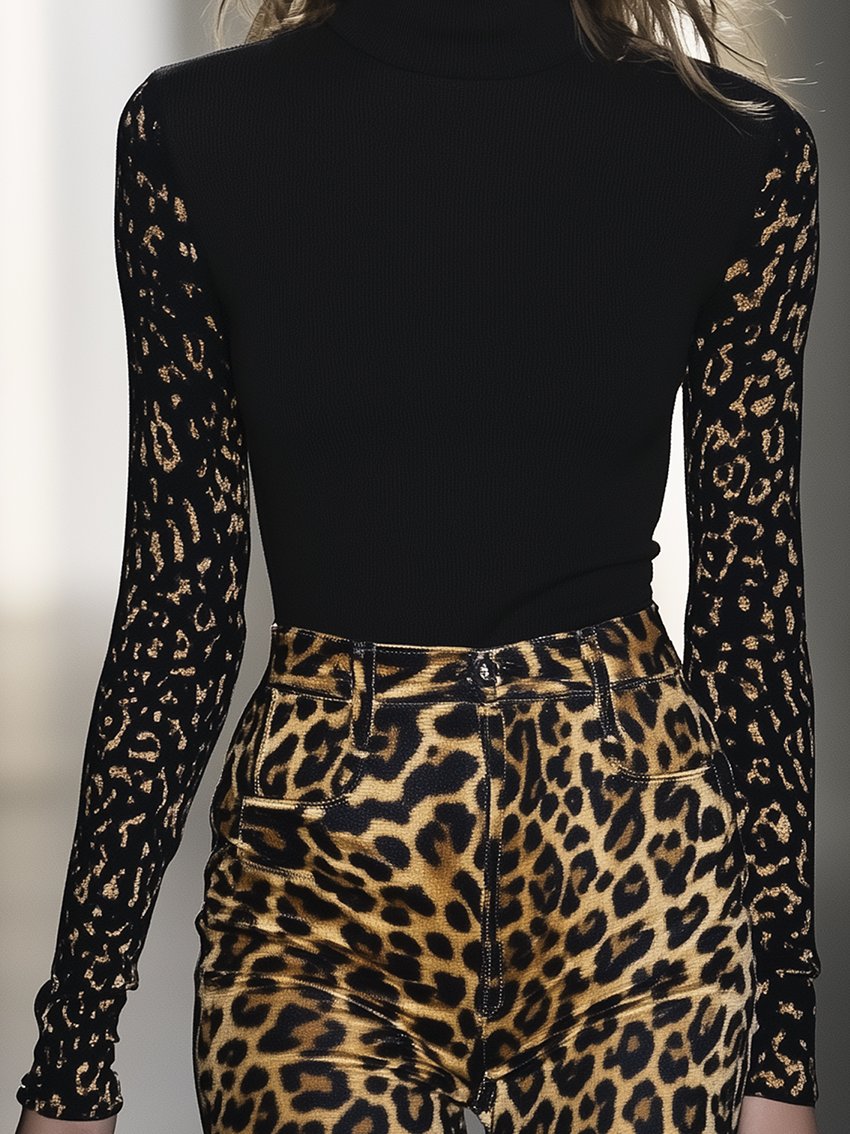 Sleeves Abstract Leopard Print Black Stretch-tight T-shirt