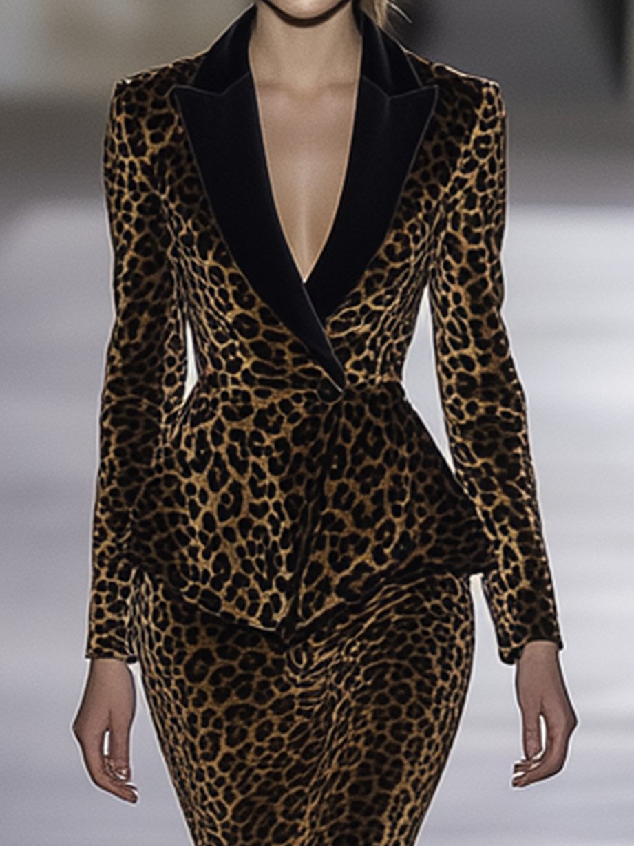 Dark Gold Leopard Print Velvet Suit Neck Skinny Dress