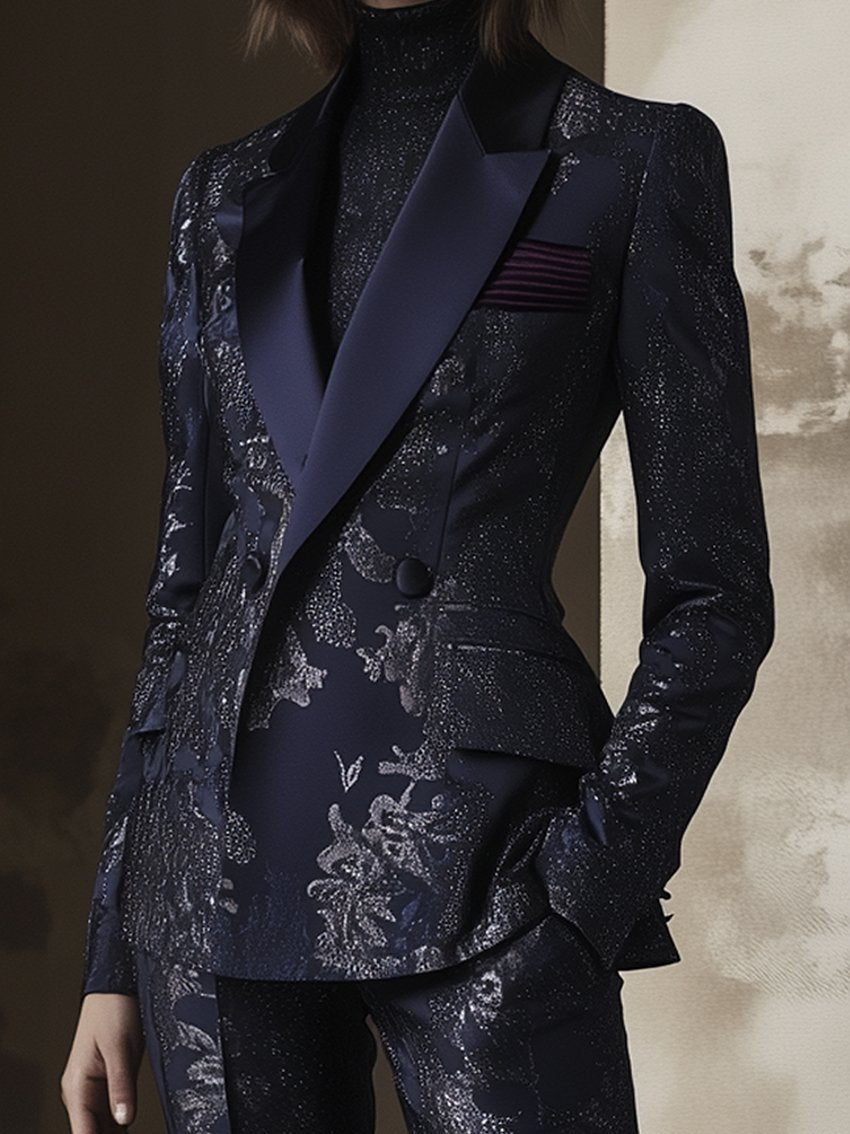 Navy Blazer With Silver Dark Print