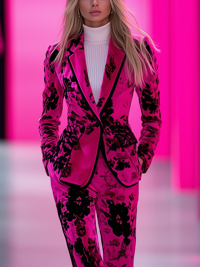 Barbie Pink Velvet Suit With Black Plant Print