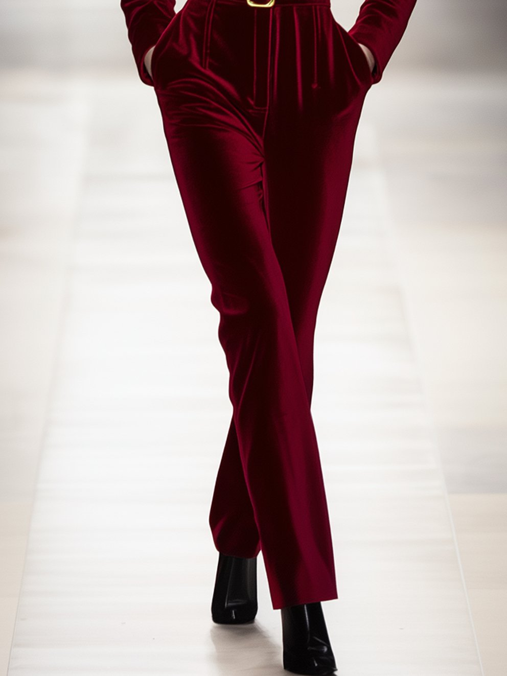 Red Velvet Jumpsuit With Gold Buttons And Belt