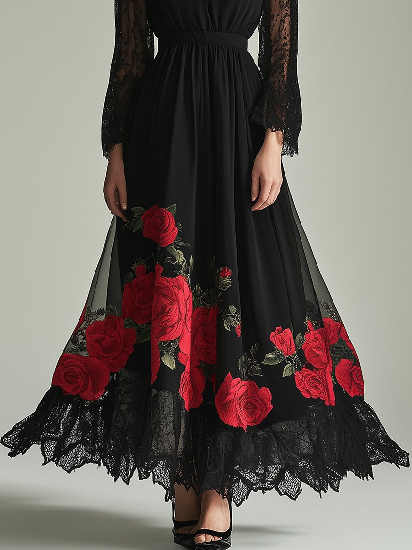 Black Dress With Lace Sleeves And Red Rose Print