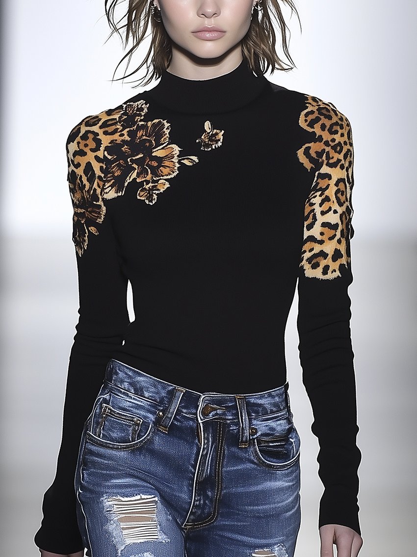 Black Stretch-tight T-shirt With Leopard Print Flowers On The Shoulder