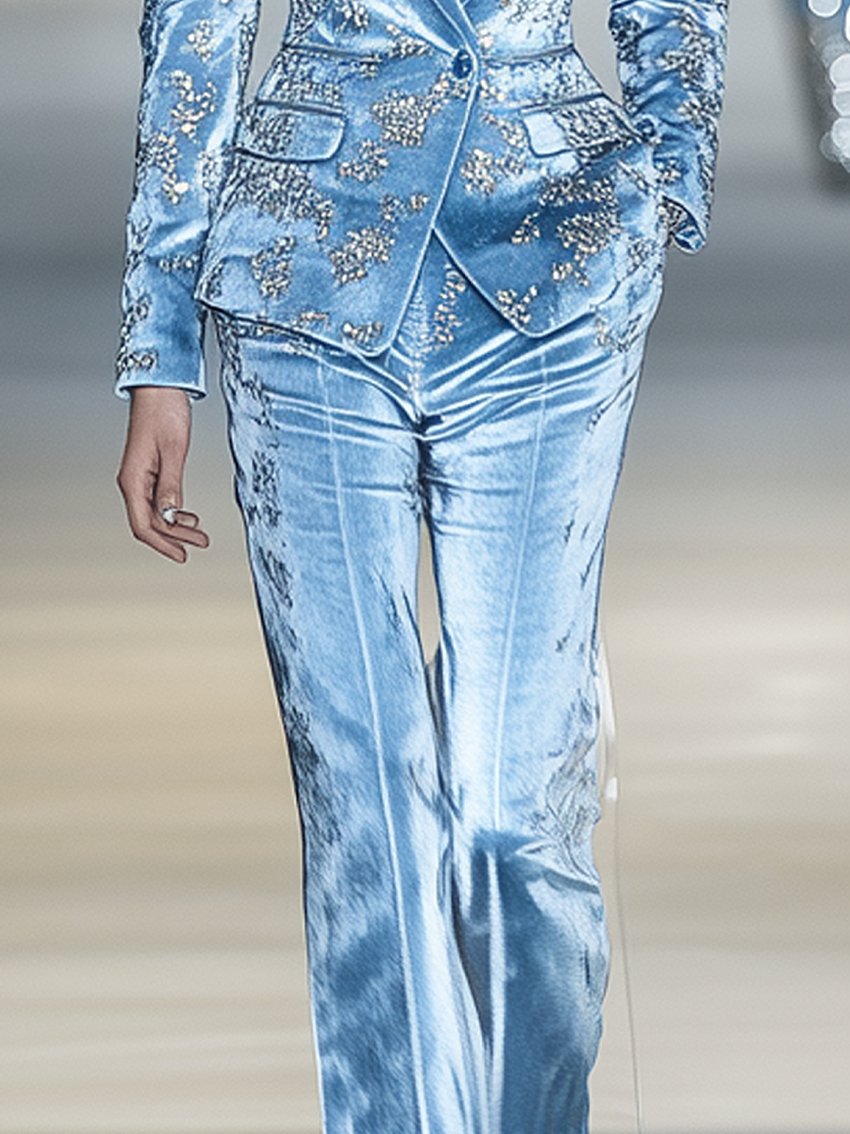 Sky Blue Velvet Pants With Silver Flowers