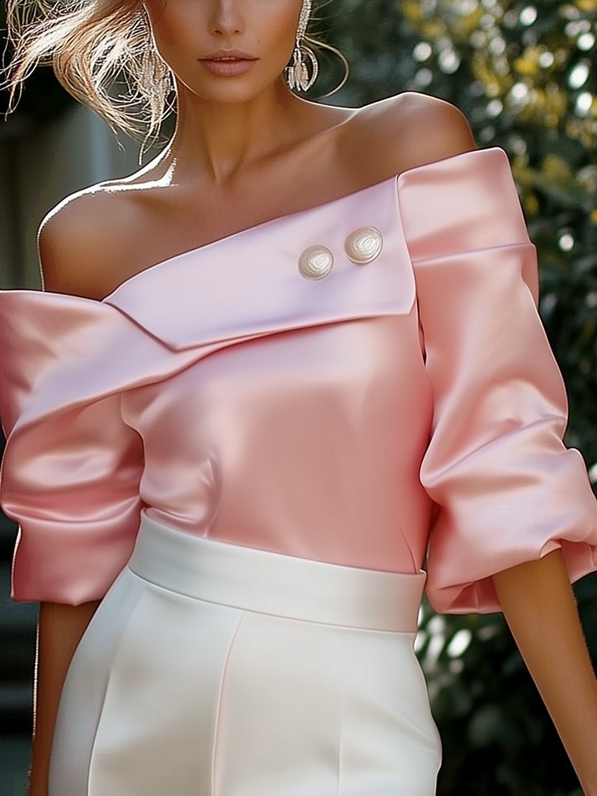 Pink Satin Off-The-Shoulder Shirt