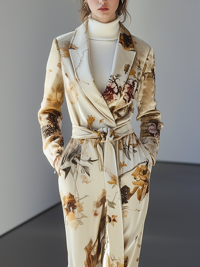 Cream Velvet Jumpsuit With Belt And Elegant Floral Print