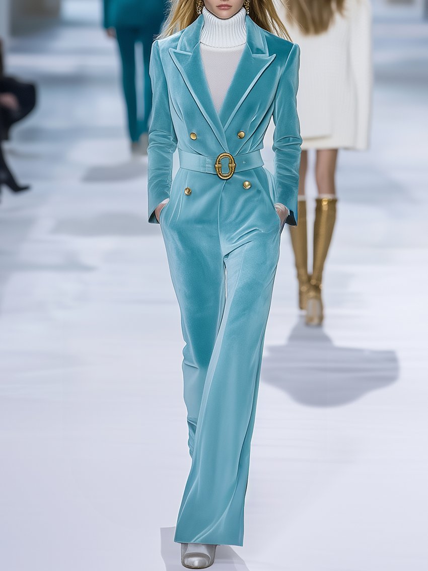 Sky Blue Velvet Jumpsuit With Belt And Gold Buttons