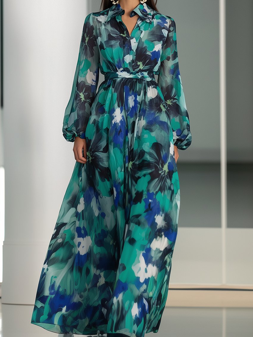 Chiffon Shirt Maxi Dress With Green Flower Print