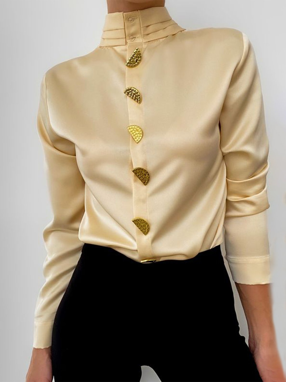 Stand Collar Plain Blouse