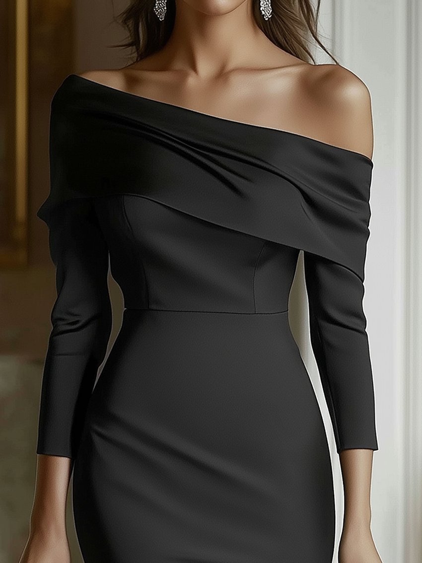 Off Shoulder Black Satin Midi Pencil Dress