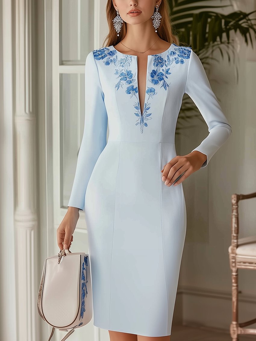 Neckline With Blue Flower Embroidery Sky Blue Midi Dress