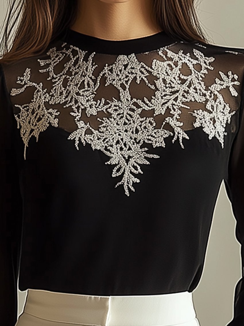 Black Shirt With White Lace Pattern Embroidery With Stitching Mesh Neckline