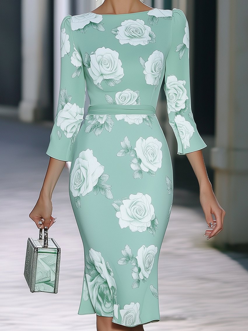 Mint Green Midi Dress With White Rose Print