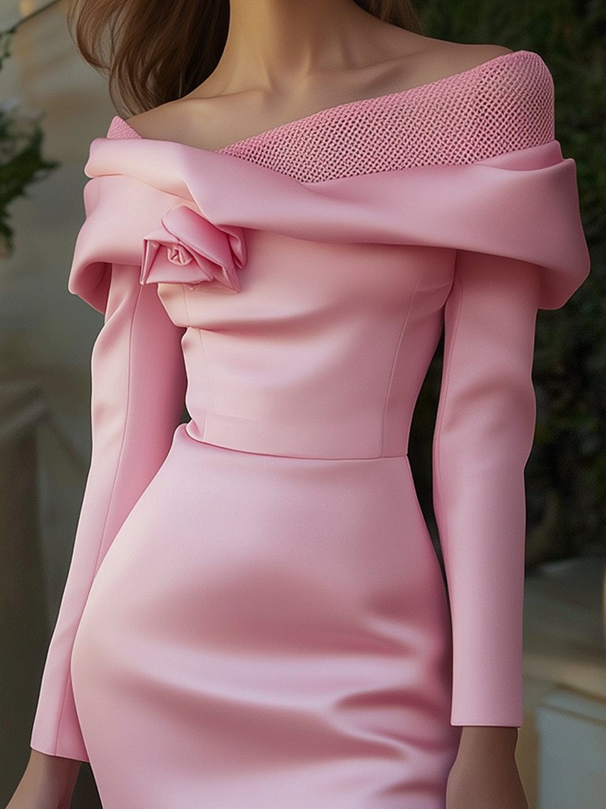 Collar Mesh With 3D Flower Pink Satin Midi Pencil Dress