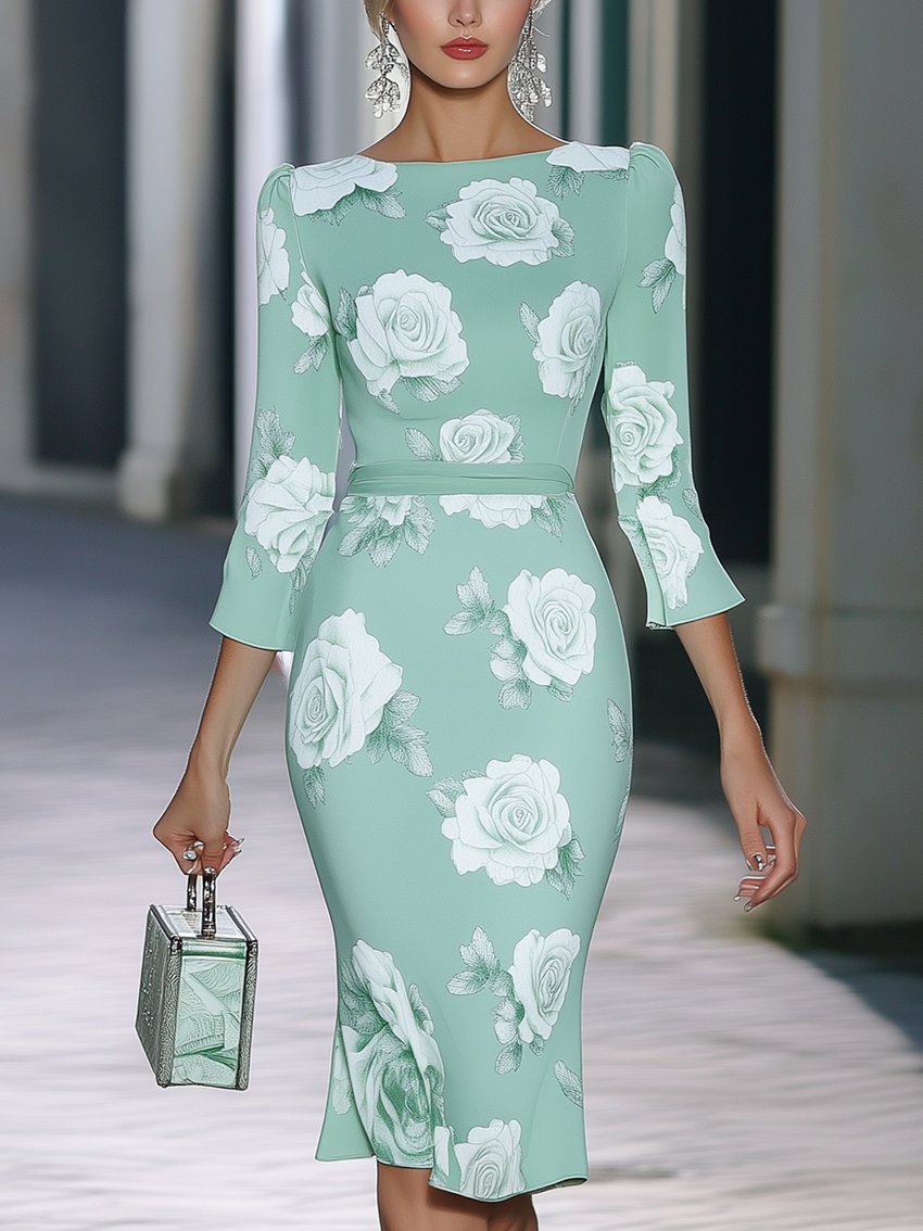 Mint Green Midi Dress With White Rose Print