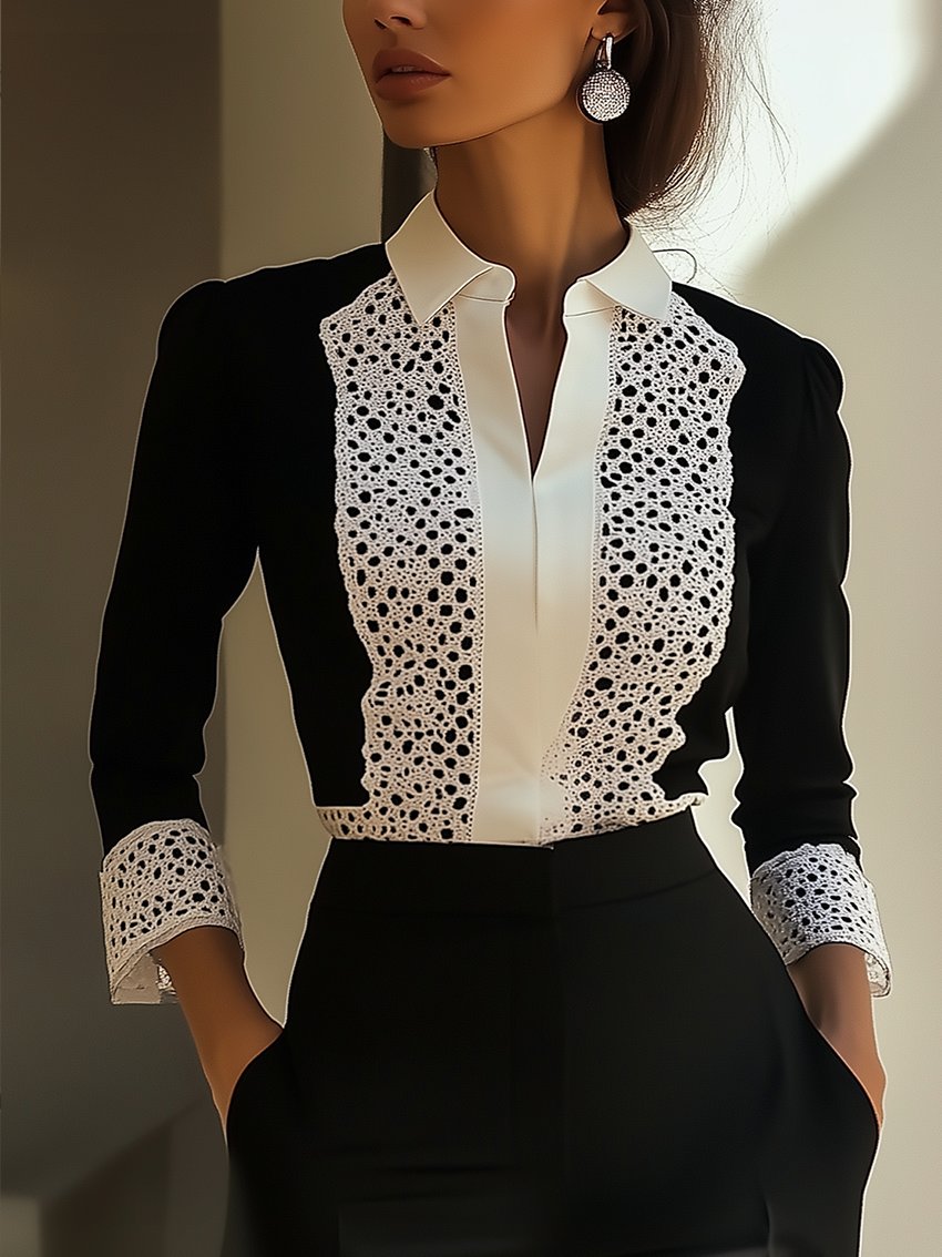 Lace Black And White Shirt With Lapel