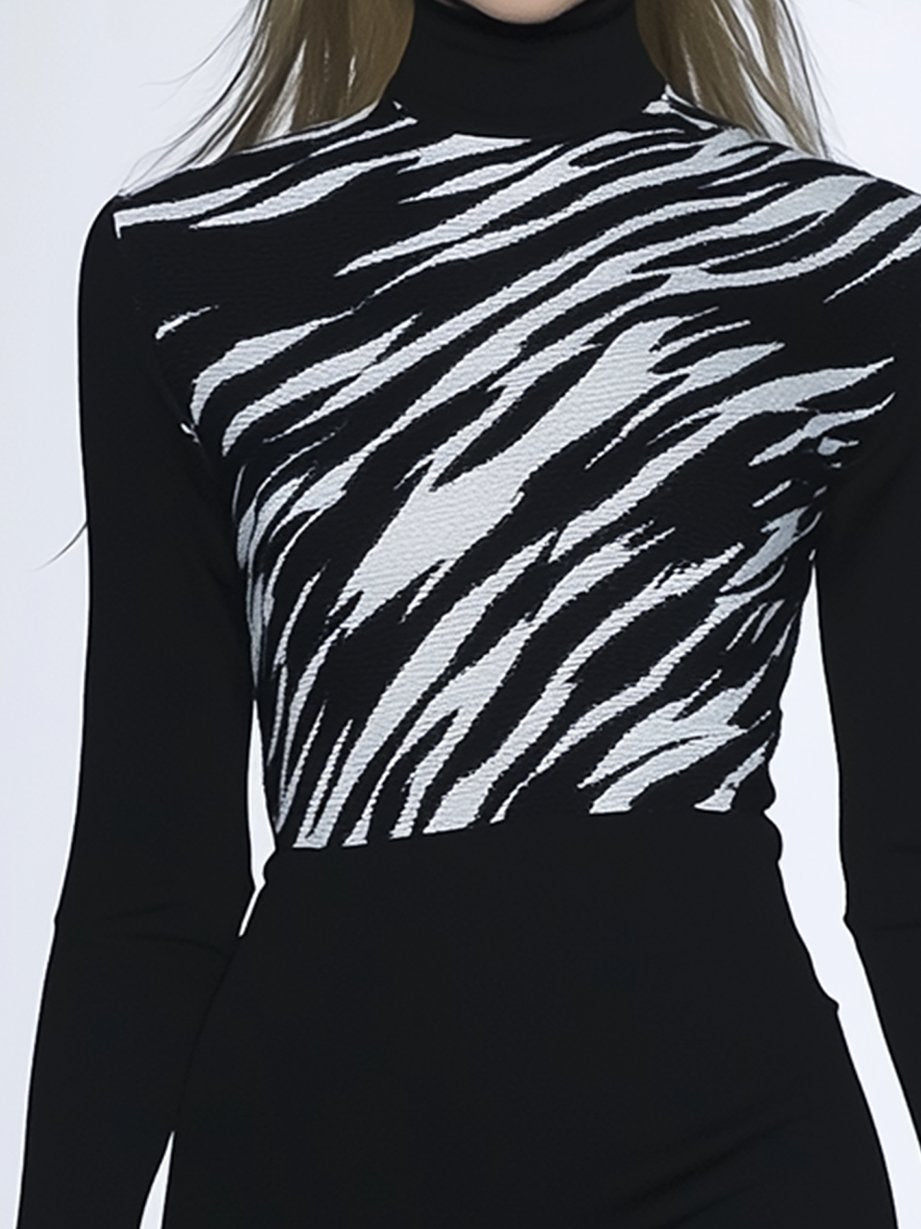 Black Skinny High Neck Tee With White Abstract Leopard Lines