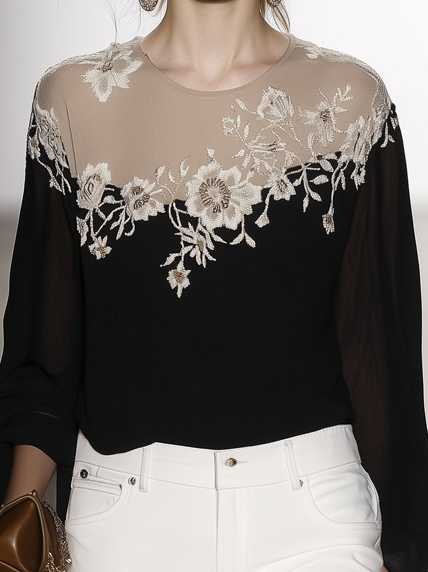 Elegant Black Floral Embroidered Patchwork Shirt