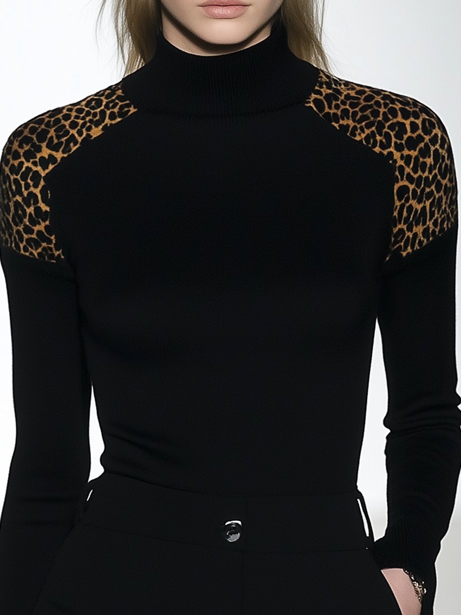 Leopard Print Shoulder Mat Neck Black Skinny T-shirt