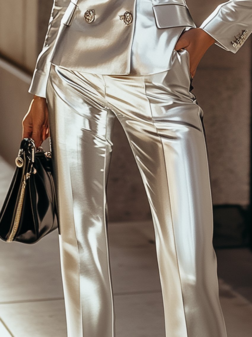 Fashion Silver Satin Double-row Button Pants