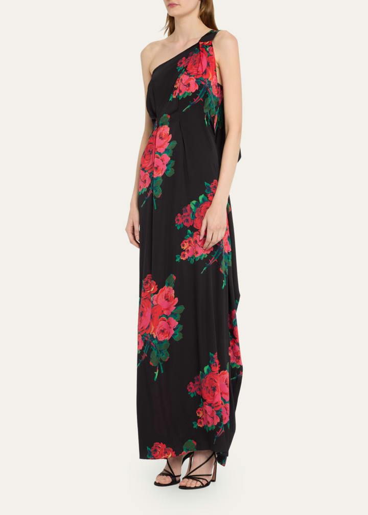 Rose-Print One Shoulder Gown