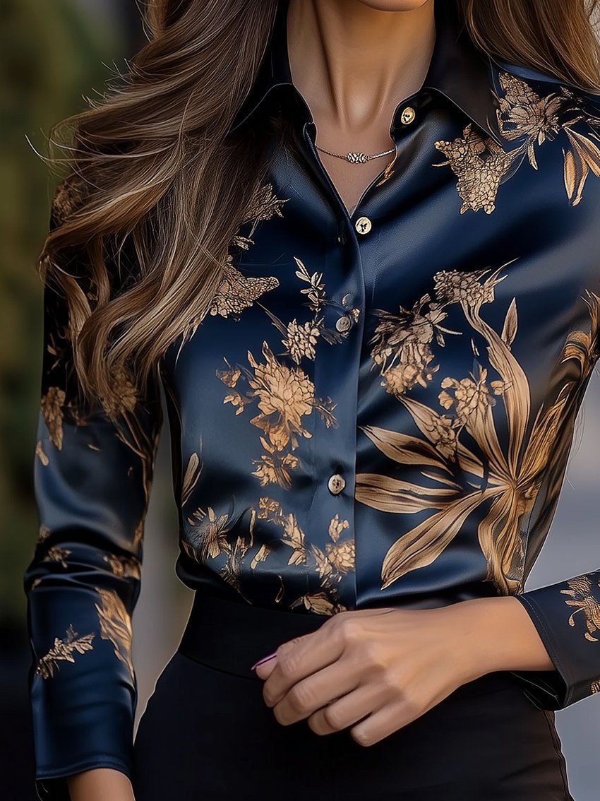 Dark Blue Satin Blouse With Gold Flower Print