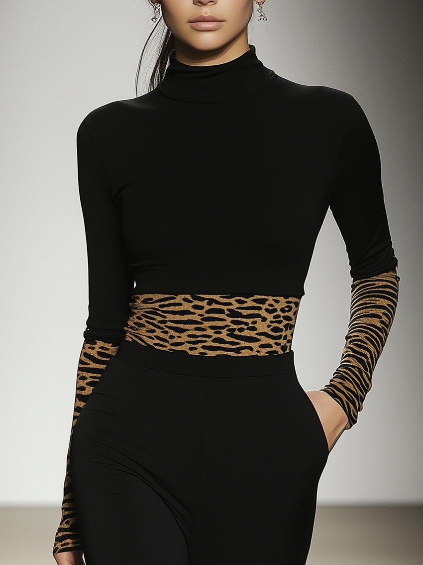 Black Stretch-tight T-shirt With Leopard Print Bottom