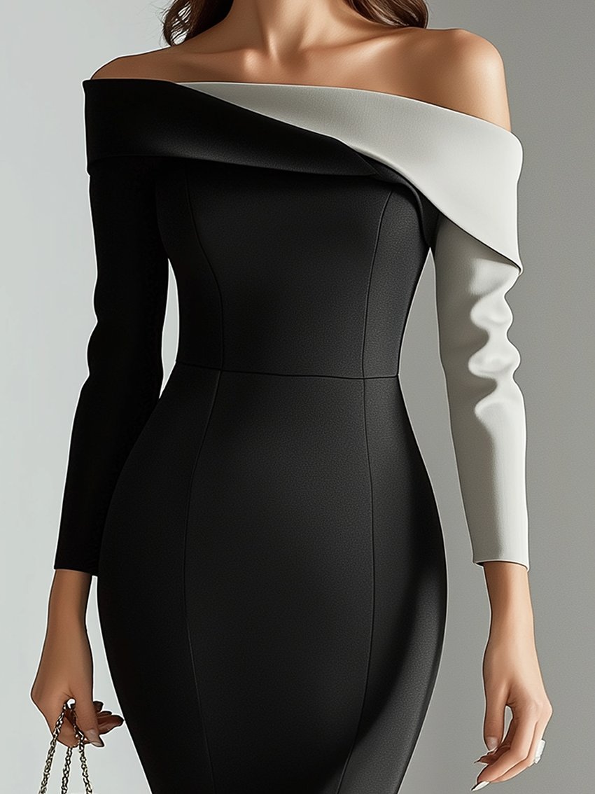 Off Shoulder Black Midi Pencil Dress With Color Block