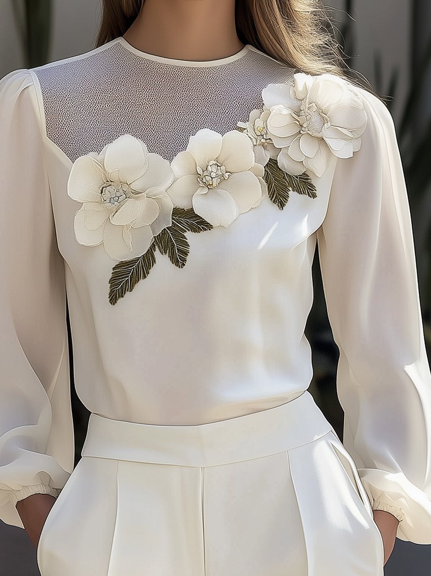 White Shirt With 3D Flowers And Gauze Neckline