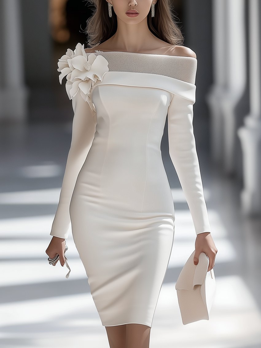 Off-the-shoulder White Midi Pencil Dress With Mesh Decoration And 3D Flowers