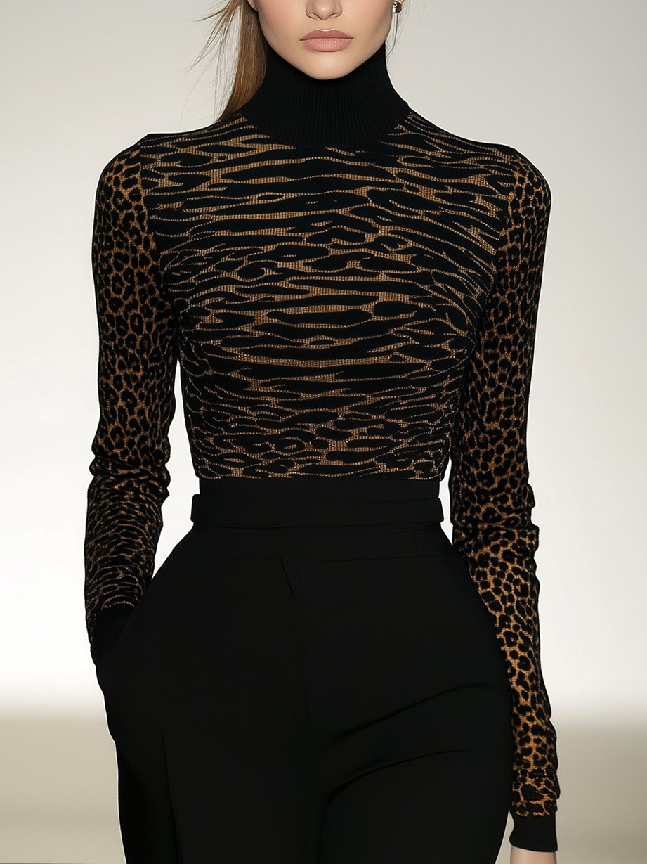 Leopard Line Leopard Print Black High Neck Skinny T-shirt