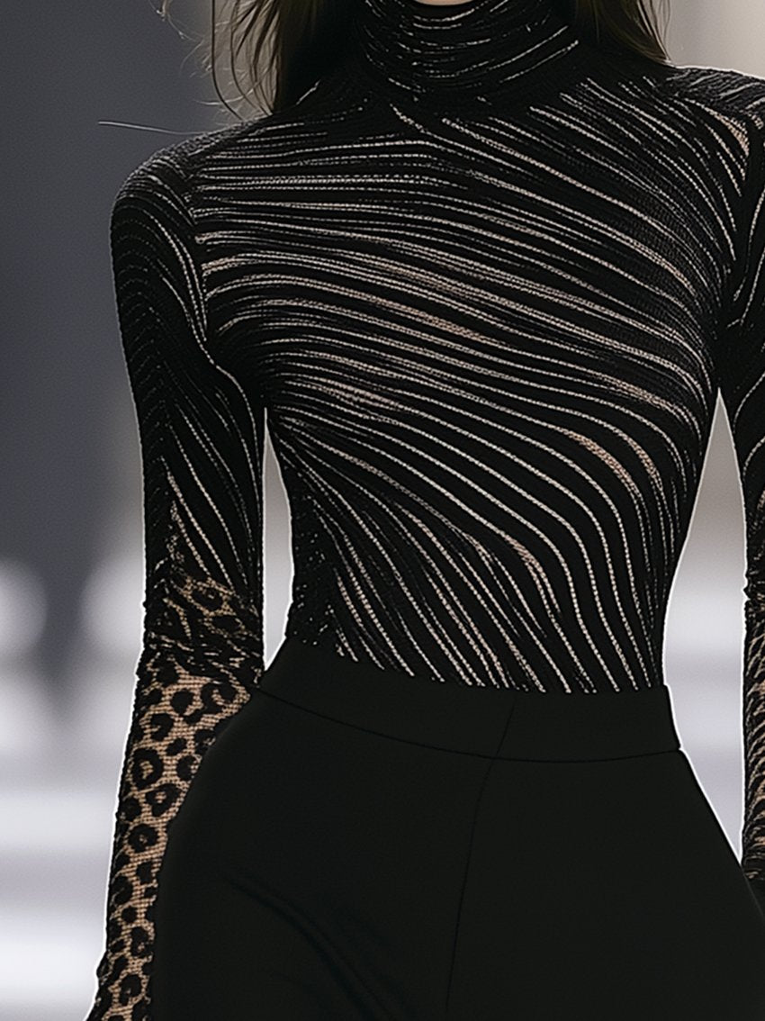 Black Stretch-fit T-shirt With Abstract Lines And Leopard Print