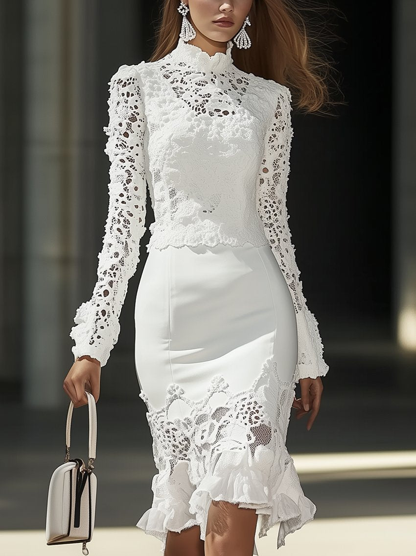 Fashion White Midi Dress With Lace Decoration At The Neckline And Bottom