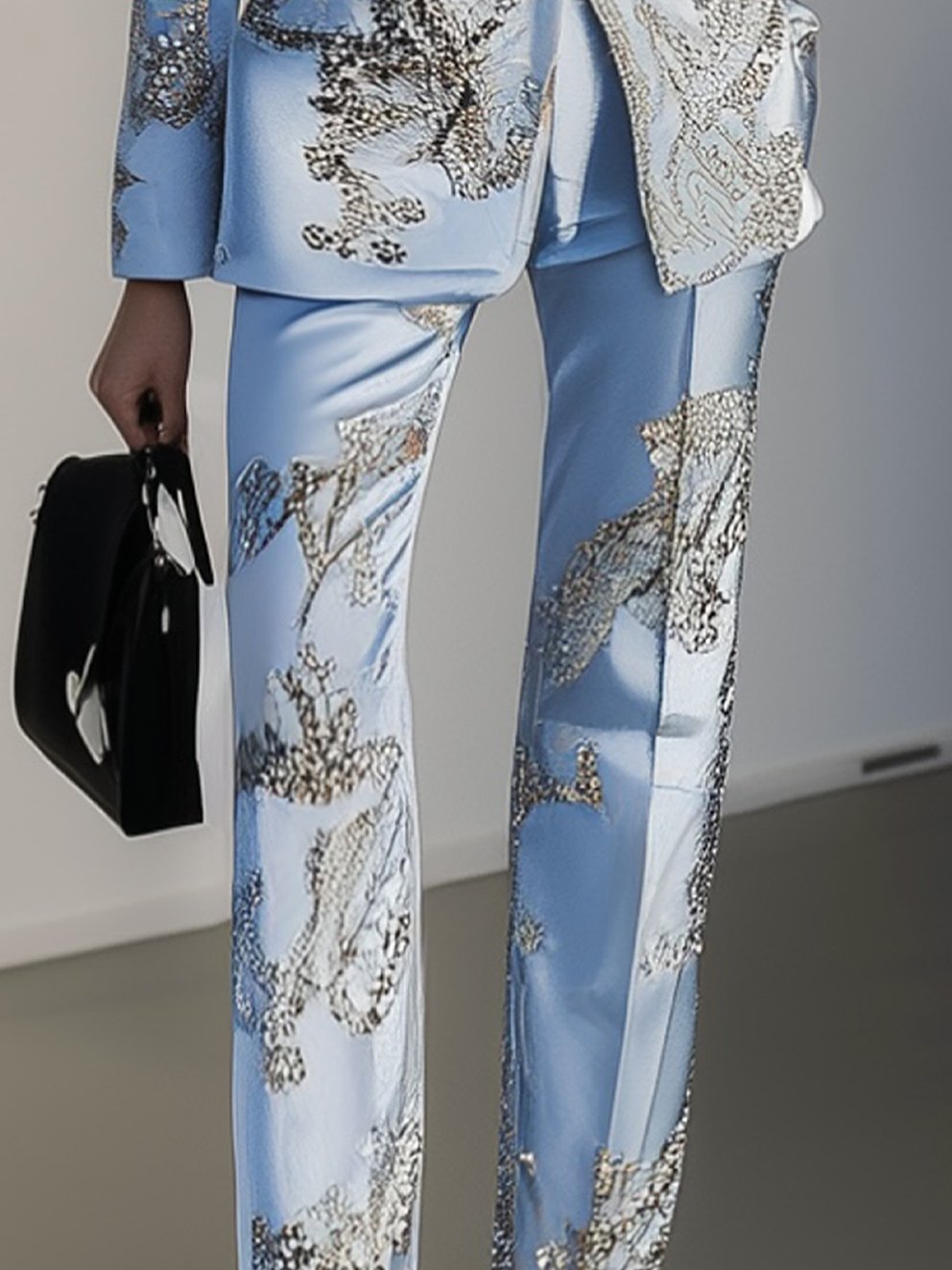 Sky Blue Pants With Silver Flower Print And Silver Trim