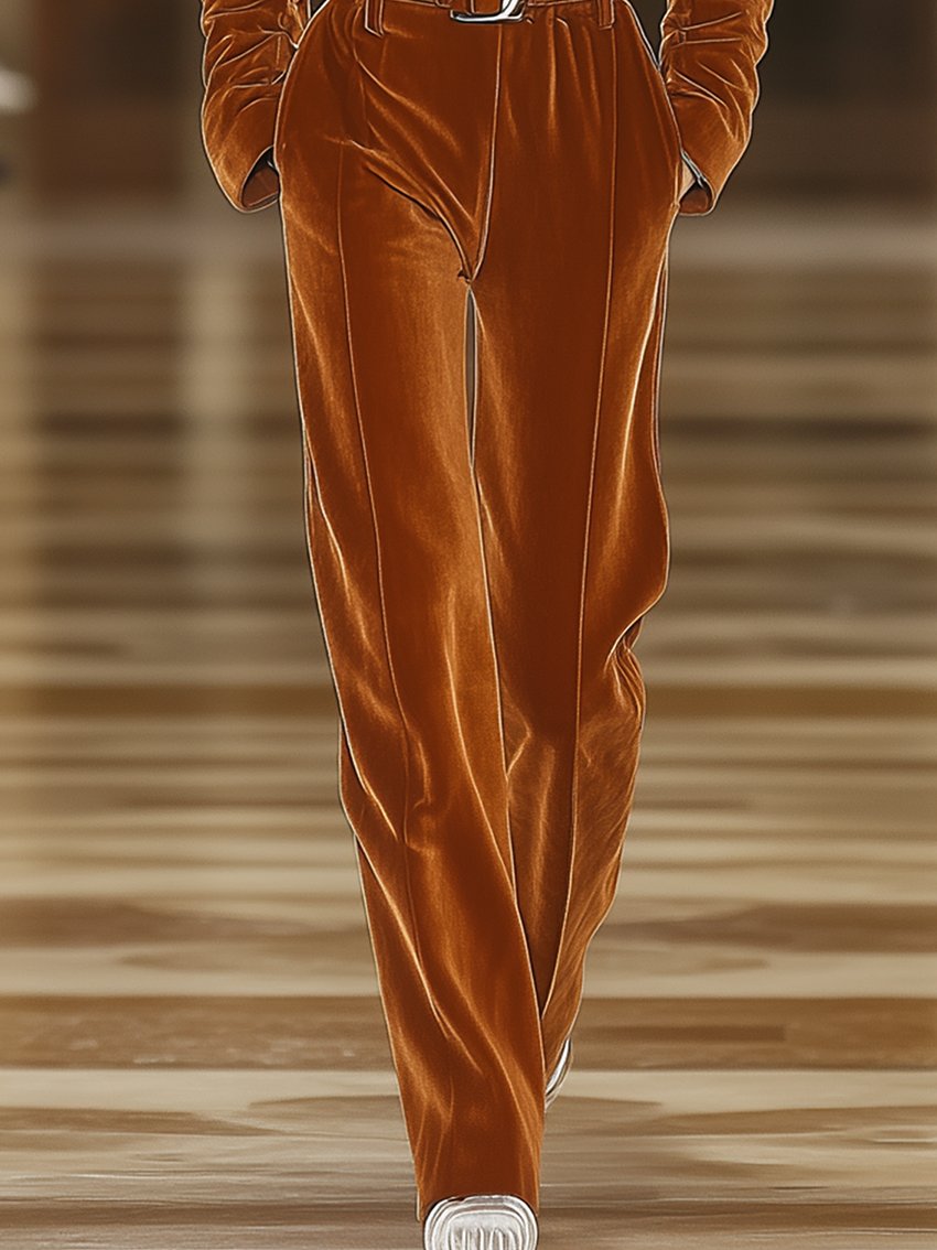 Dark Orange Velvet Jumpsuit With Belt