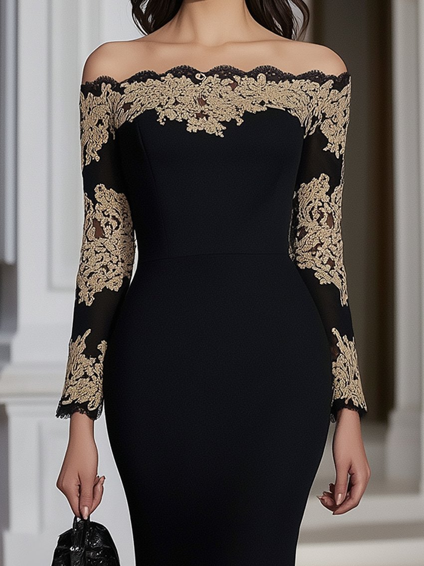 Off-The-Shoulder Black Midi Bodycon Dress With Gold Lace Trim