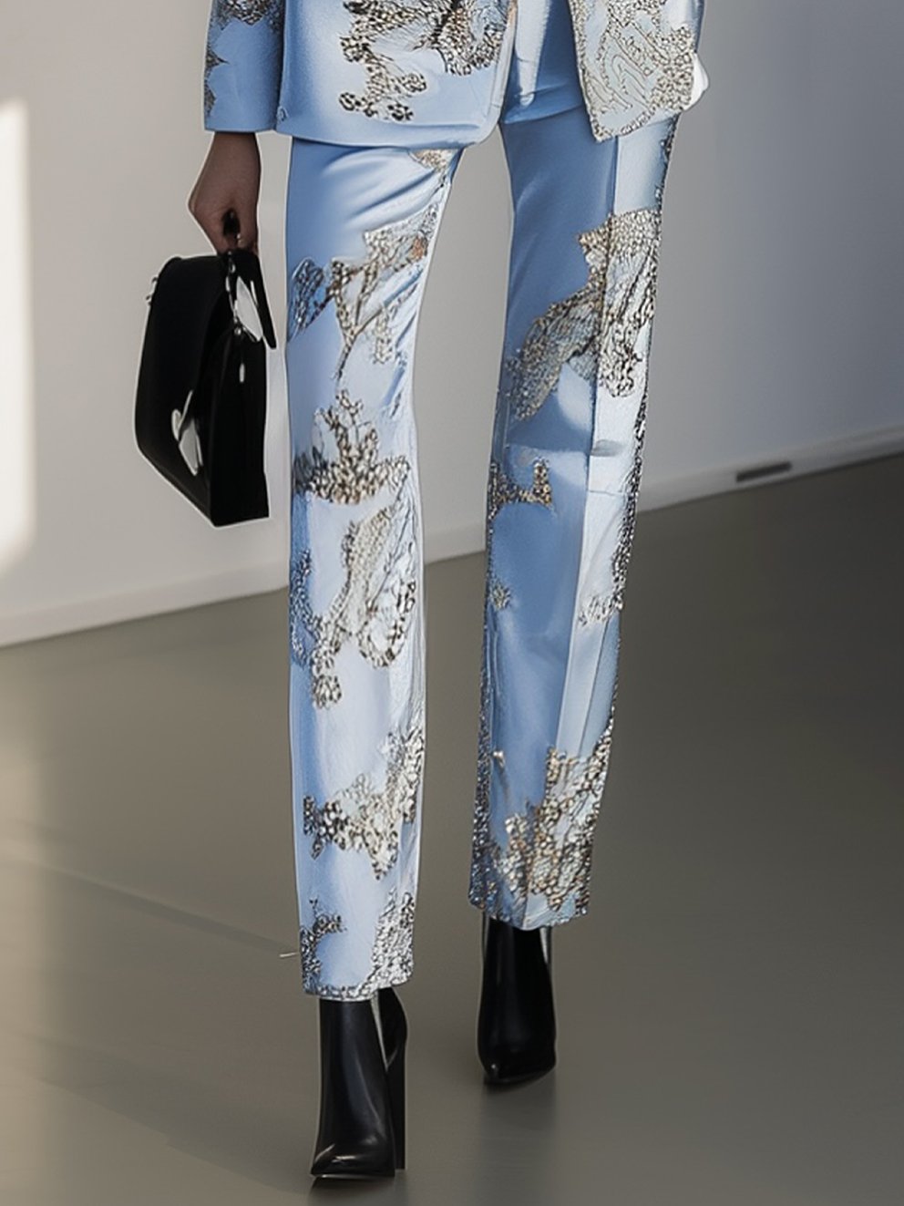 Sky Blue Pants With Silver Flower Print And Silver Trim