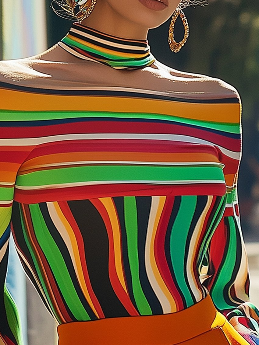 Off Shoulder Shirt With Colorful Lines