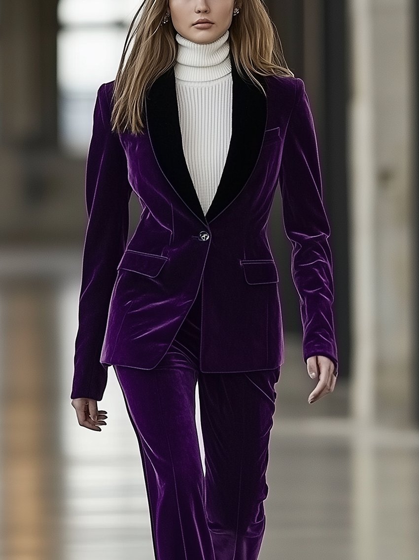 Purple Velvet Suit With Black Collar