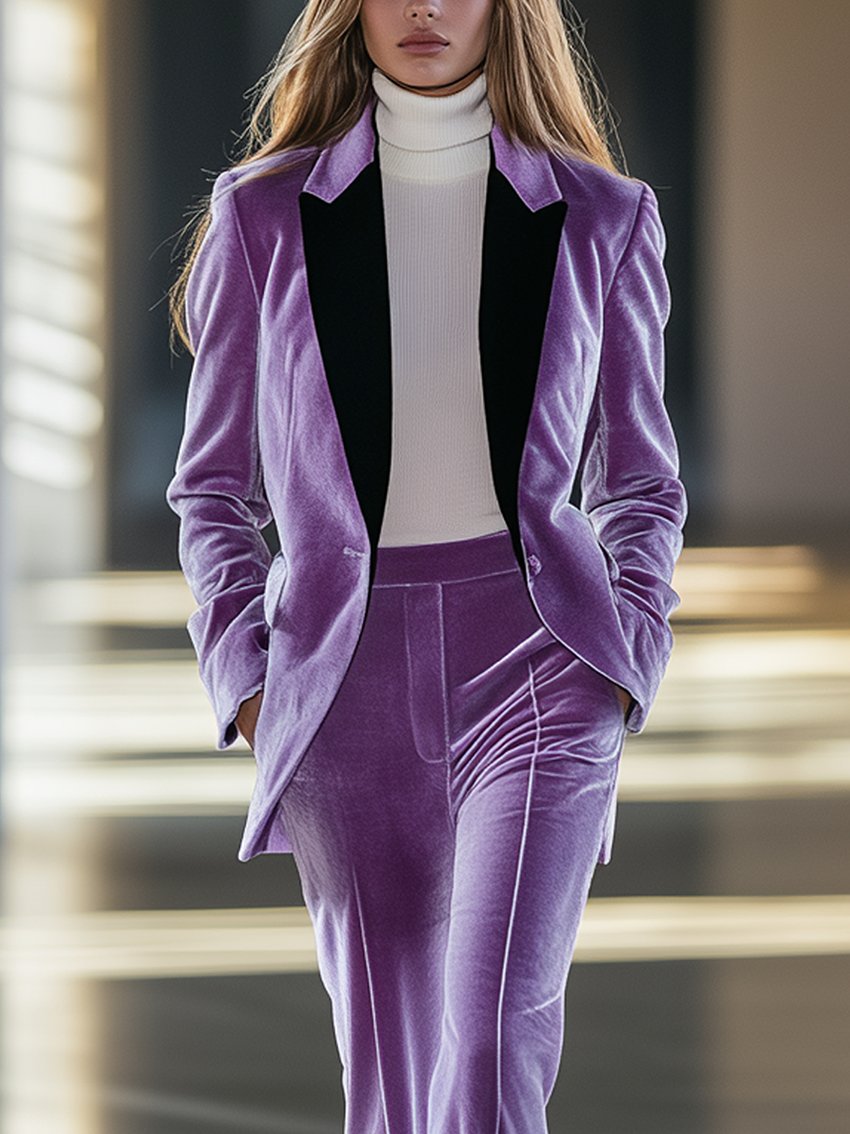 Cream Purple Velvet Blazer With Dark Purple Collar