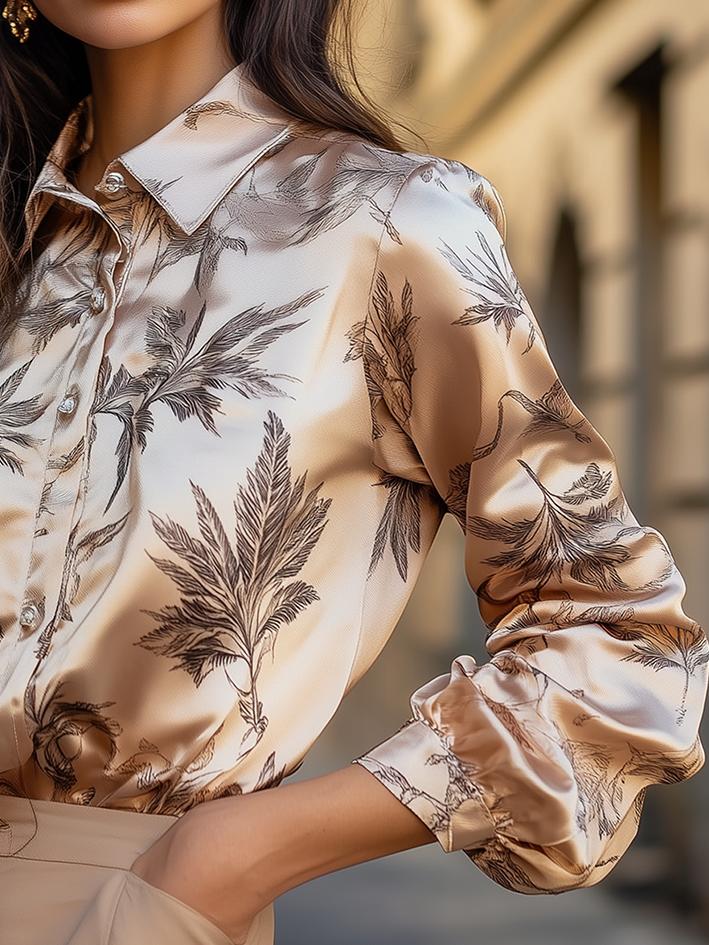 Champagne Black Floral Print Satin Blouse